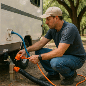 Connecting water sewer hookups to your Rv or Motorhome and how to do so.